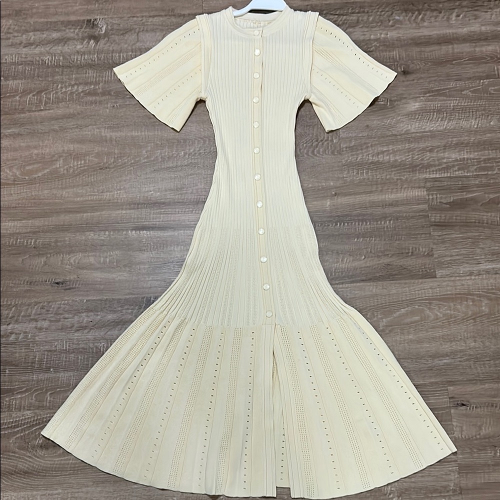 Sandro Cream Fit and Flare Dress with Flutter Sleeves